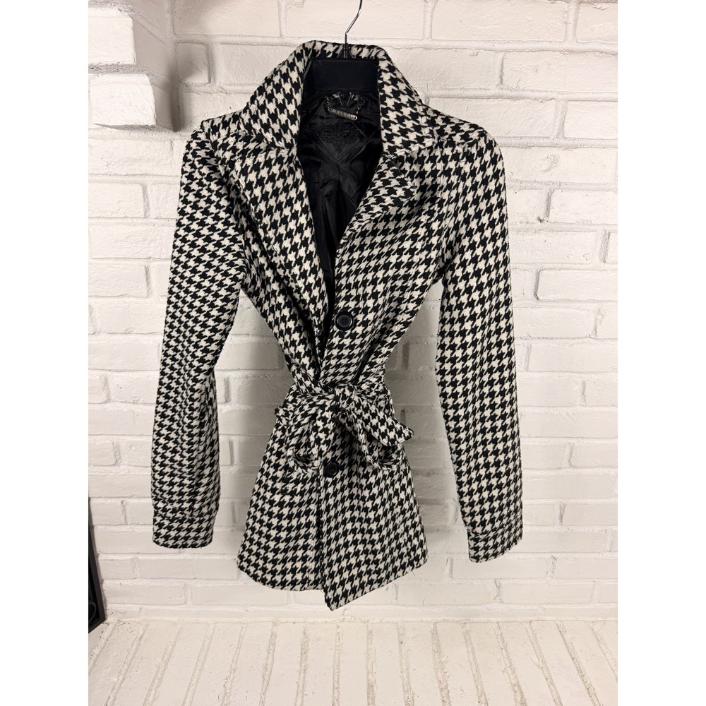 Houndstooth Jou Jou XS Black White Wool Blend Belted Peacoat Jacket
